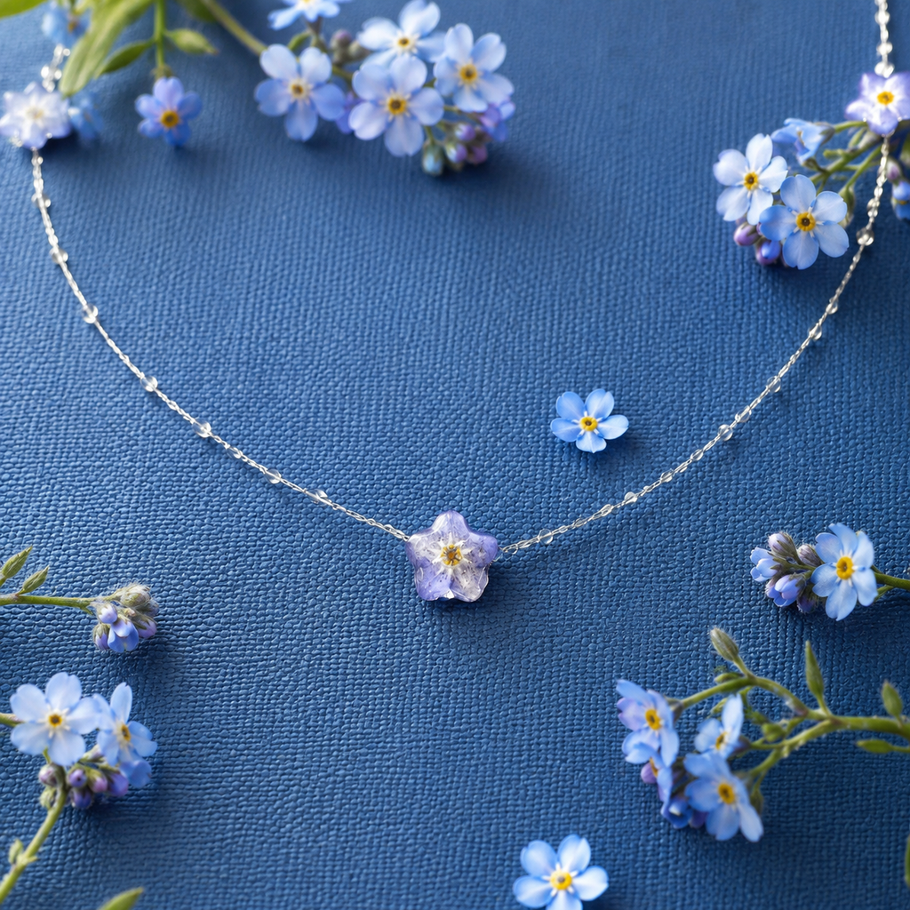 Forglemmegei choker med ekte blomster – håndlaget blomstersmykke i resin