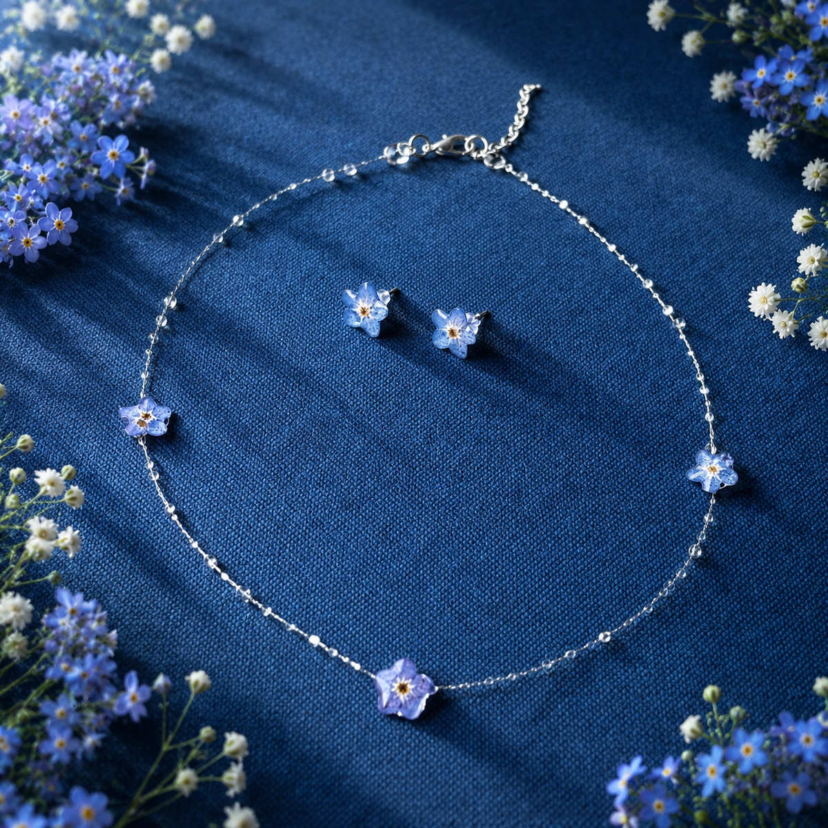 Forglemmegei smykkesett med ekte blomster – choker og øredobber i resin