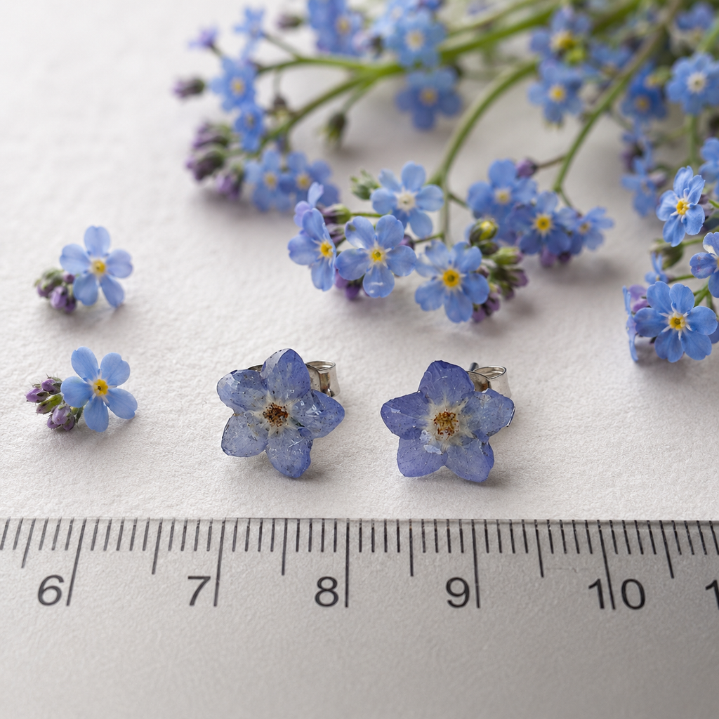 Forglemmegei smykkesett med ekte blomster – choker og øredobber i resin